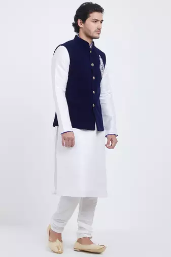 Dark blue velvet straight handwork nehru jacket & kurta for men's