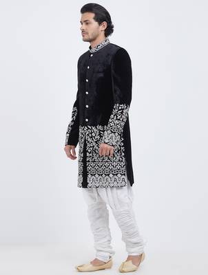 Black velvet straight handwork sherwani for men's 2