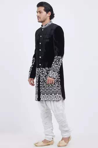 Black velvet straight handwork sherwani for men's