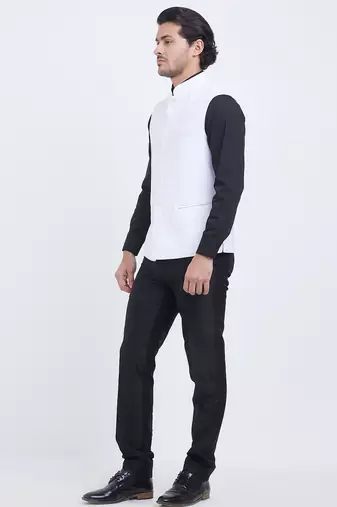 Off white art silk straight plain nehru jacket for men's
