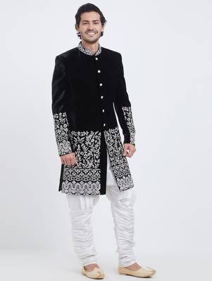 Black velvet straight handwork sherwani for men's 3