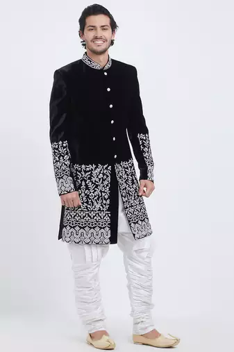 Black velvet straight handwork sherwani for men's