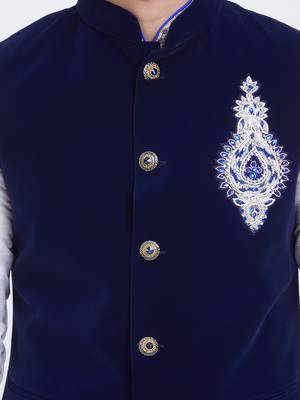 Dark blue velvet straight handwork nehru jacket & kurta for men's 4