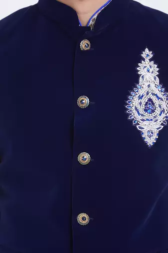 Dark blue velvet straight handwork nehru jacket & kurta for men's