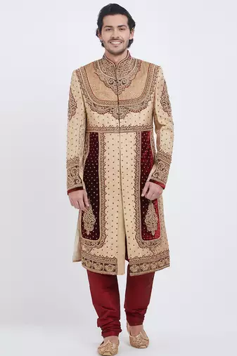 Fawn brocade straight handwork sherwani for men's