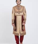 Fawn brocade straight handwork sherwani for men's