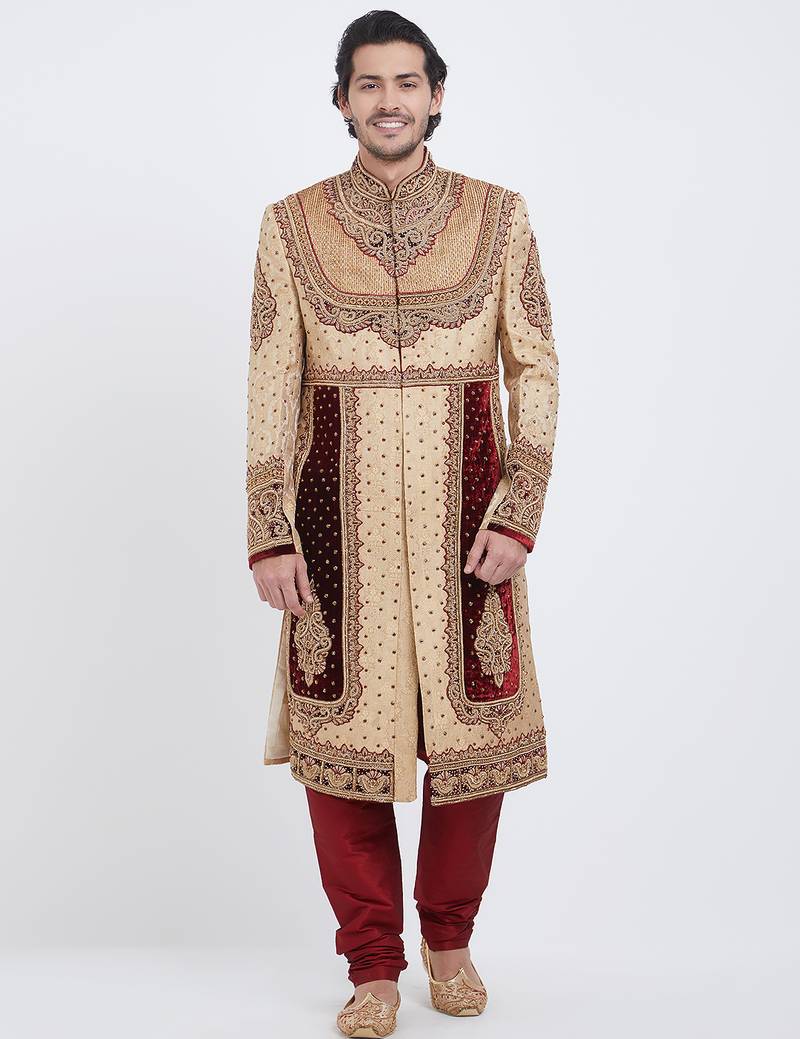 Fawn brocade straight handwork sherwani for men's