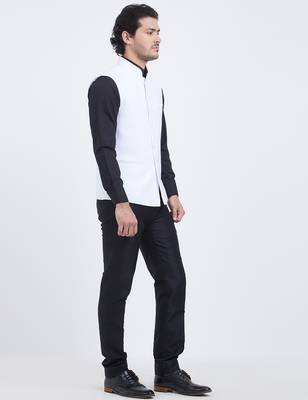 Off white Art silk straight plain nehru jacket for men's 3