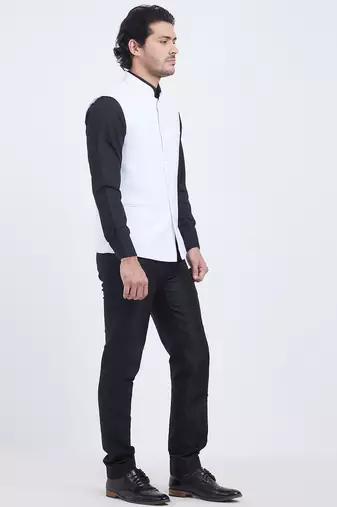 Off white art silk straight plain nehru jacket for men's