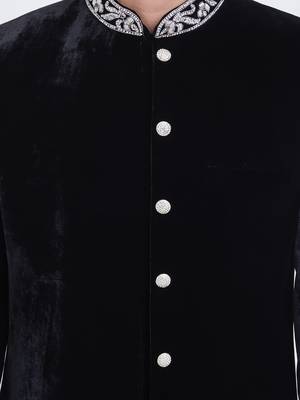 Black velvet straight handwork sherwani for men's 4
