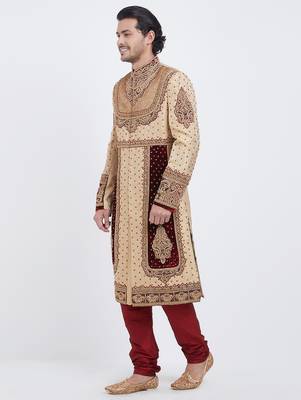 Fawn brocade straight handwork sherwani for men's 2