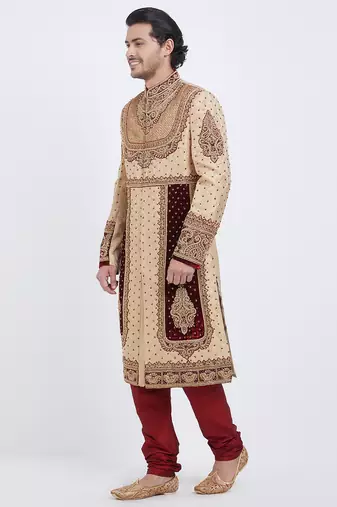 Fawn brocade straight handwork sherwani for men's