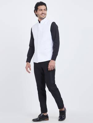 Off white Art silk straight plain nehru jacket for men's 4