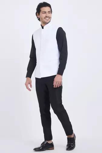 Off white art silk straight plain nehru jacket for men's