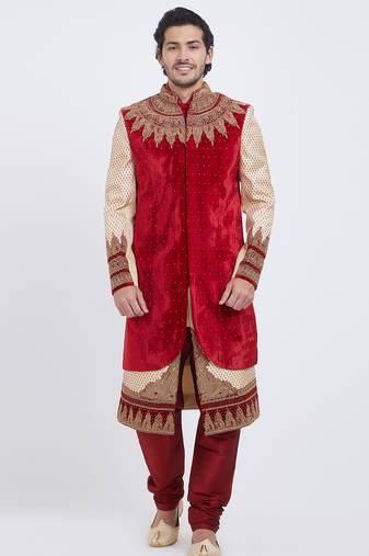 Red brocade straight handwork sherwani for men's
