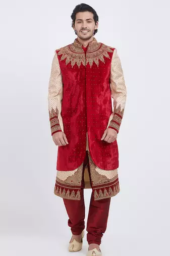 Red brocade straight handwork sherwani for men's