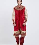 Red brocade straight handwork sherwani for men's