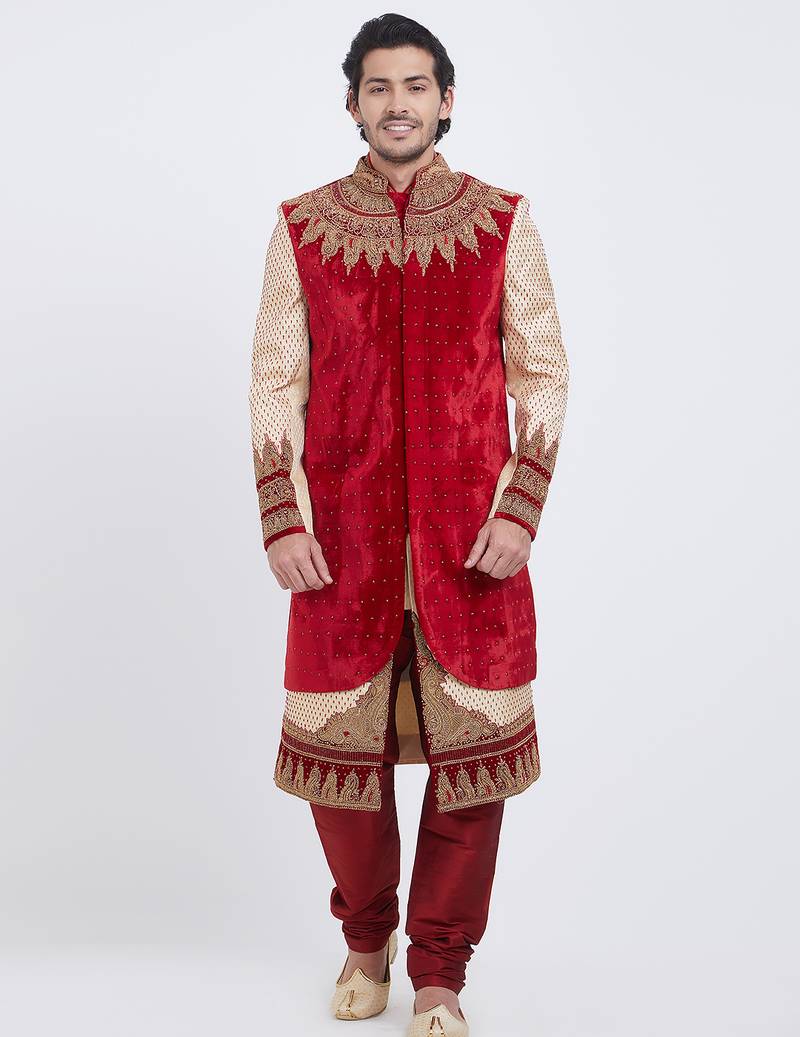 Red brocade straight handwork sherwani for men's
