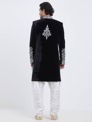 Black velvet straight handwork sherwani for men's 5