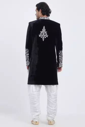 Black velvet straight handwork sherwani for men's
