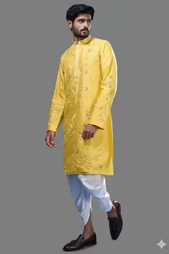 Yellow silk straight embroidery, mirror yellow silk embroidery, mirrors floral and work kurta set
