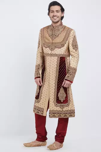 Fawn brocade straight handwork sherwani for men's