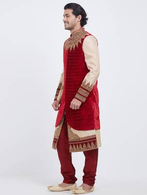 Red brocade straight handwork sherwani for men's 2