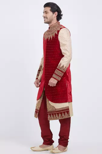 Red brocade straight handwork sherwani for men's
