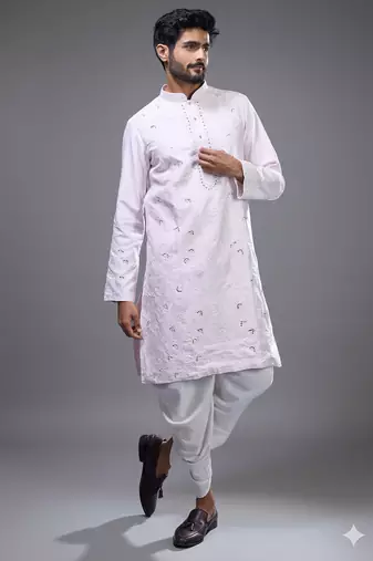 Powder pink silk straight embroidery, mirror pink silk embroidery, mirrors floral and work full sleeve kurta set