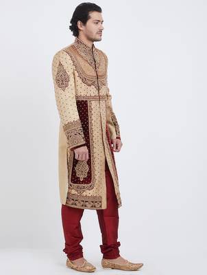 Fawn brocade straight handwork sherwani for men's 5