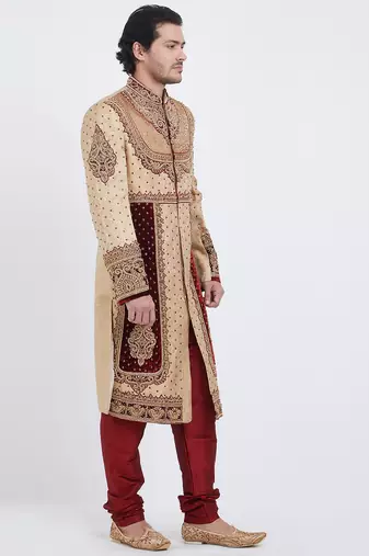 Fawn brocade straight handwork sherwani for men's