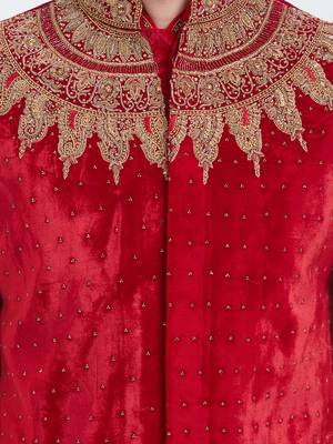 Red brocade straight handwork sherwani for men's 3