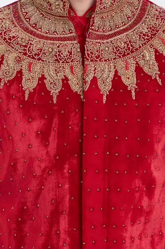 Red brocade straight handwork sherwani for men's