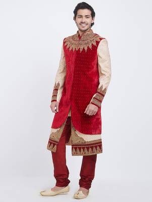 Red brocade straight handwork sherwani for men's 4
