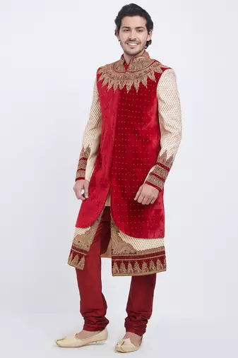 Red brocade straight handwork sherwani for men's