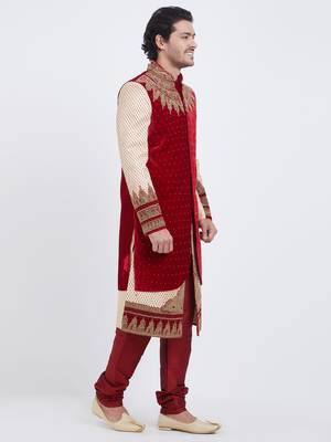 Red brocade straight handwork sherwani for men's 5