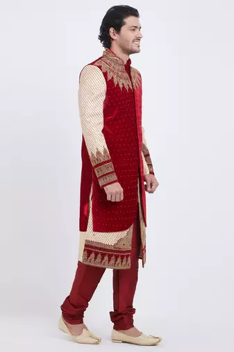 Red brocade straight handwork sherwani for men's