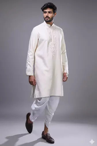 Cream silk straight embroidery cream silk embroidery floral work kurta set