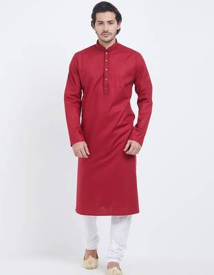 Red coton straight plain kurta for men's 1