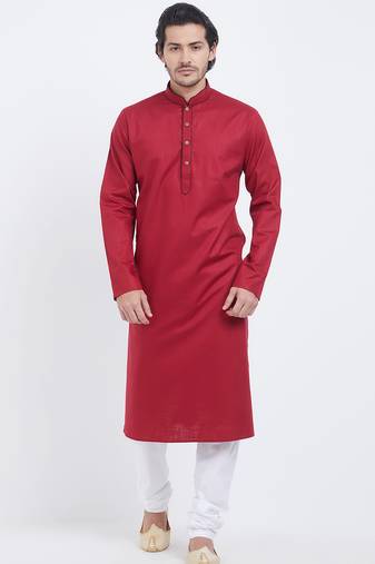 Red coton straight plain kurta for men's