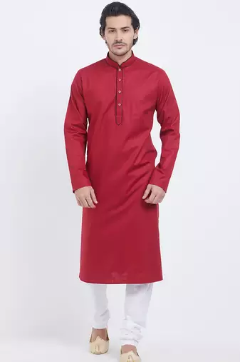 Red coton straight plain kurta for men's