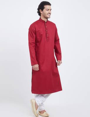 Red coton straight plain kurta for men's 2