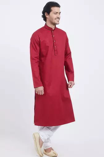 Red coton straight plain kurta for men's