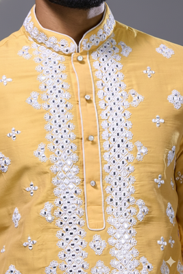Mustard silk blend straight embroidery, mirror mustard silk blend embroidery, mirrors floral and work kurta pant set 4
