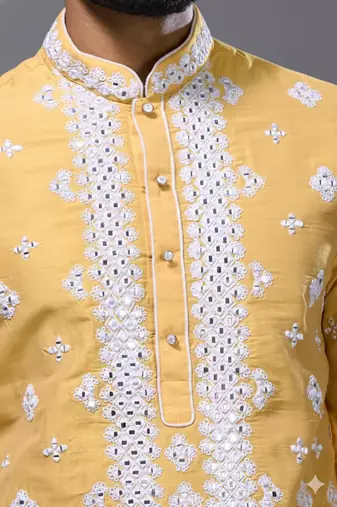 Mustard silk straight embroidery, mirror mustard silk embroidery, mirrors floral and work kurta pant set