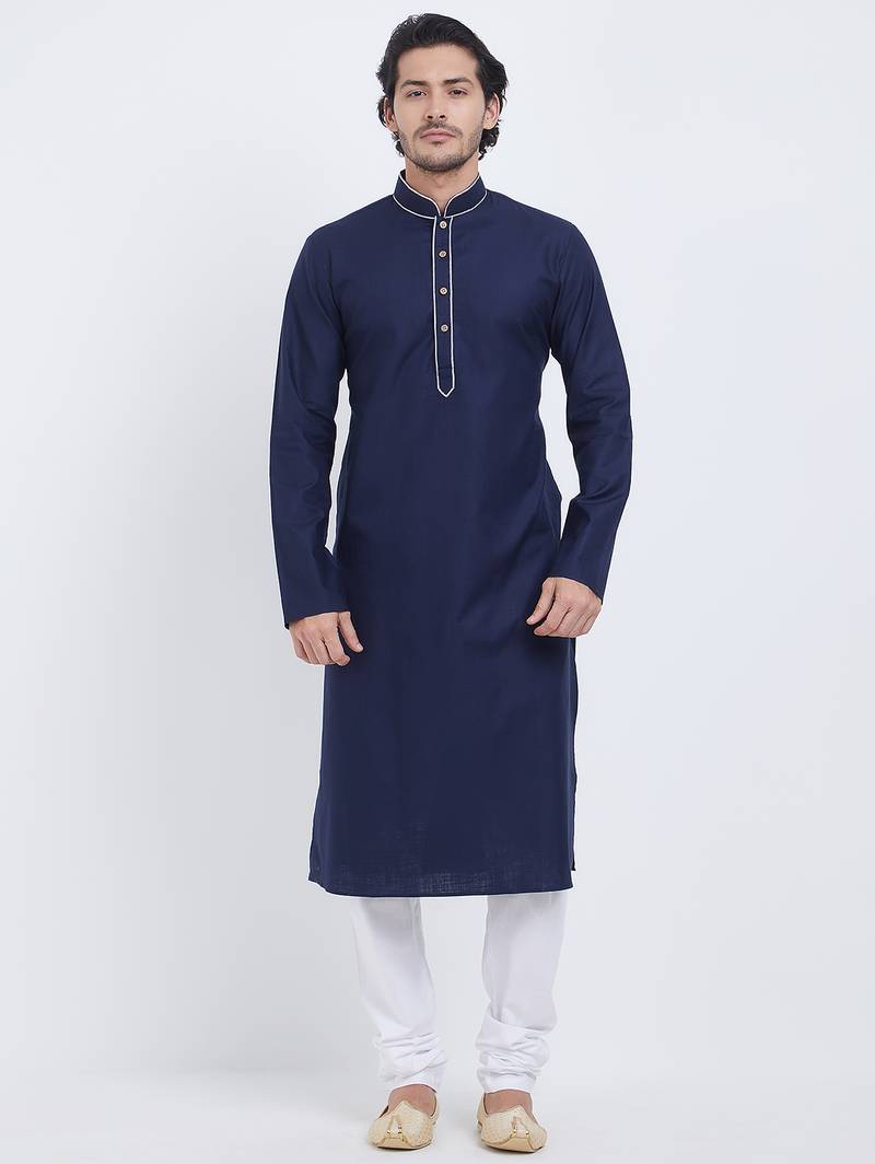 Dark blue coton straight plain kurta for men's