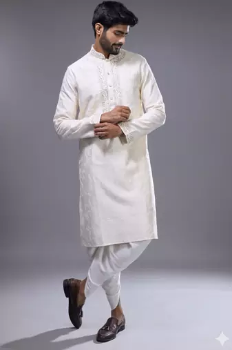 Cream silk straight embroidery cream silk embroidery thread work kurta set