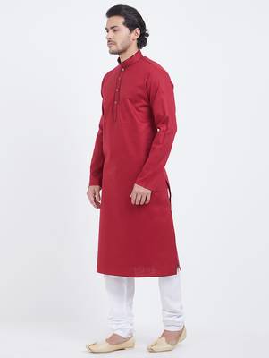 Red coton straight plain kurta for men's 4