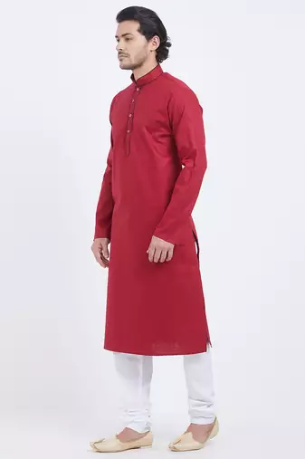 Red coton straight plain kurta for men's