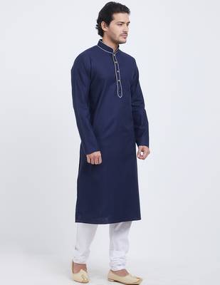 Dark blue coton straight plain kurta for men's 3